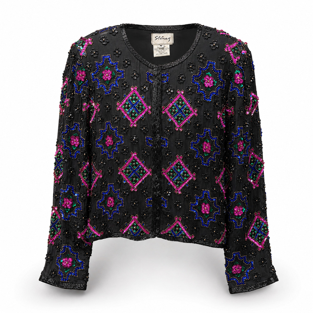 Vintage 80s Stenay M Hand Beaded Sequin Trophy Jacket Black Jewel Tone NWT